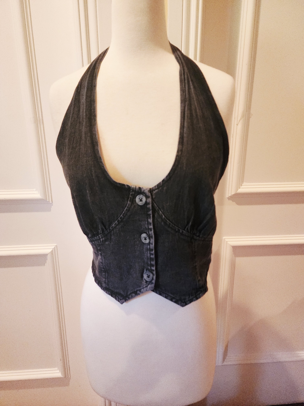 Washed Black Denim Halter Crop Top with Button Front